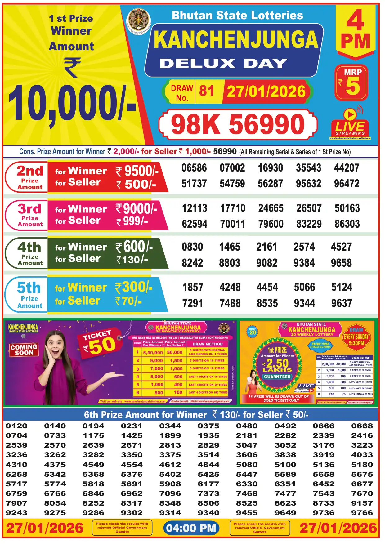 Bhutan State Lottery Result 11:55 AM - Morning Draw Kanchanjunga Results
